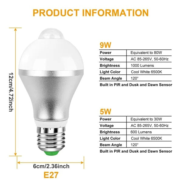 E27 Motion Sensor Light Bulb 9W 5W 6500K Dusk To Dawn