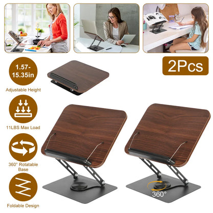 1Pc/2Pcs Book Stand For Reading Foldable Wood Book Holder Reading Rack Paper Stand With Adjustable Height 360° Rotatable Base Dual Paper Clips For Book Sheet Music Laptop Drawing Tablet