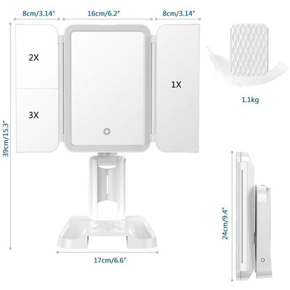 LED Light Makeup Mirror Magnifying Cosmetic 3 Fold Vanity Mirror 180 Rotation Adjustable Touch Dimmer Table Makeup Mirror