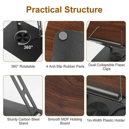 1Pc/2Pcs Book Stand For Reading Foldable Wood Book Holder Reading Rack Paper Stand With Adjustable Height 360° Rotatable Base Dual Paper Clips For Book Sheet Music Laptop Drawing Tablet